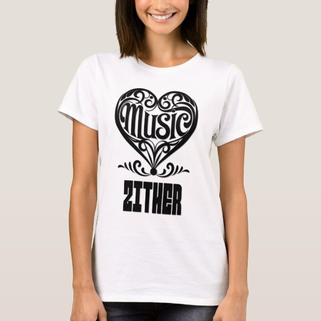 Elegant Rullat hjärta för Zither Älskare T Shirt (Framsida)