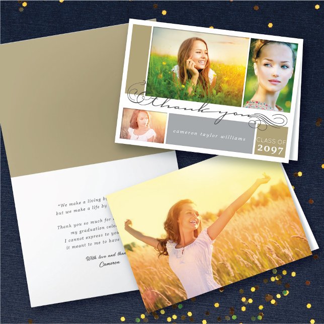 Elegant rullskrift för examen 3 Multi Foto Tack Kort (Elegant Scrolls Script Graduation 3 Multi Photo Thank You Folded Card @ zazzle.com/color_therapy)