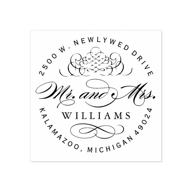 Elegant Rund Mr och Mrs Monogram Returadress Stämpel (Tryck)