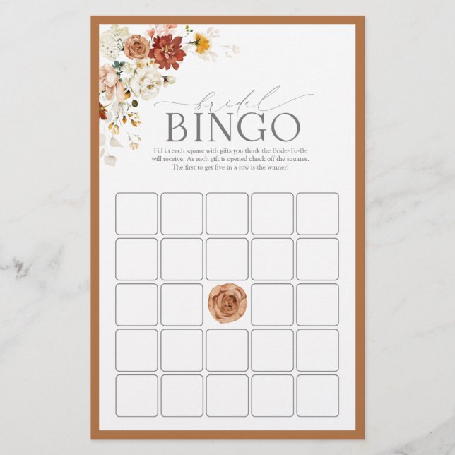 Elegant Rust Orange Blommigt Möhippa Bingo Game (Framsida)