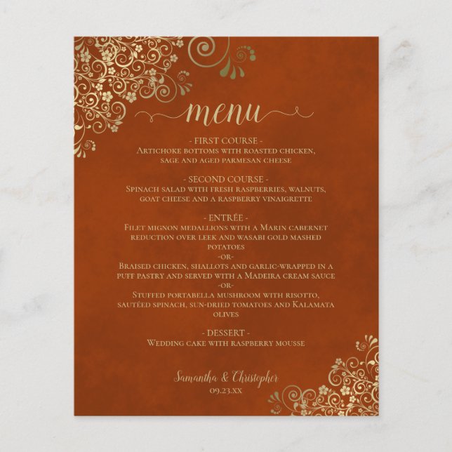 Elegant Rust Orange & Guld budget Bröllop meny (Framsida)