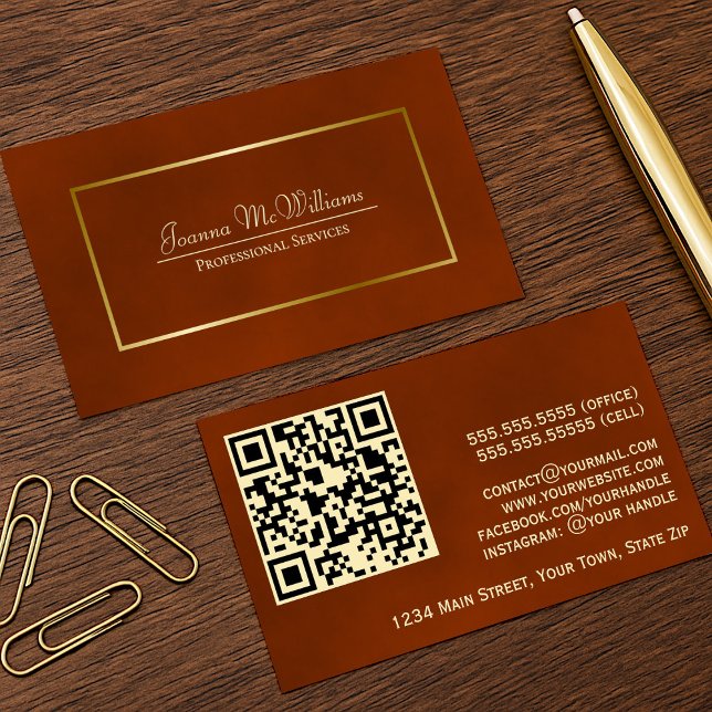 Elegant Rust Orange & Guld Professionell QR-kod Visitkort (Front/Back)