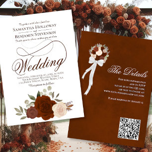Elegant Rust Orange Ro Blommigt QR-kod Bröllop Inbjudningar