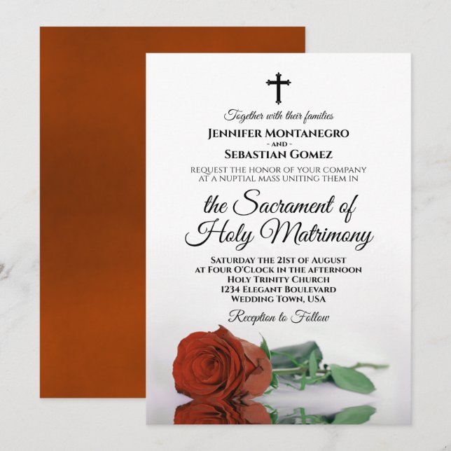 Elegant Rust Orange Ro Modern katolska Bröllop Inbjudningar (Fram/baksida)