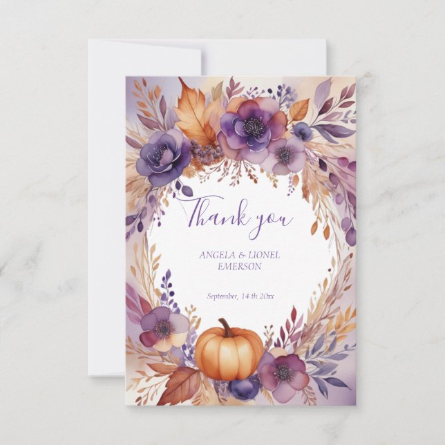 Elegant Rust Pumpkin Lila blommor Bröllop Tack Kort (Framsida)