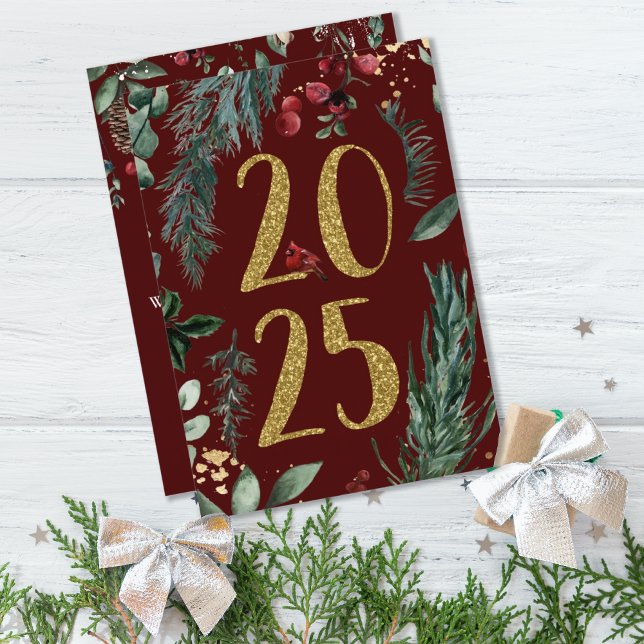 Elegant Rustic 2025 nya års Helgdag Card Julkort (ELEGANT BURGUNDY RUSTIC 2025 NEW YEARS)