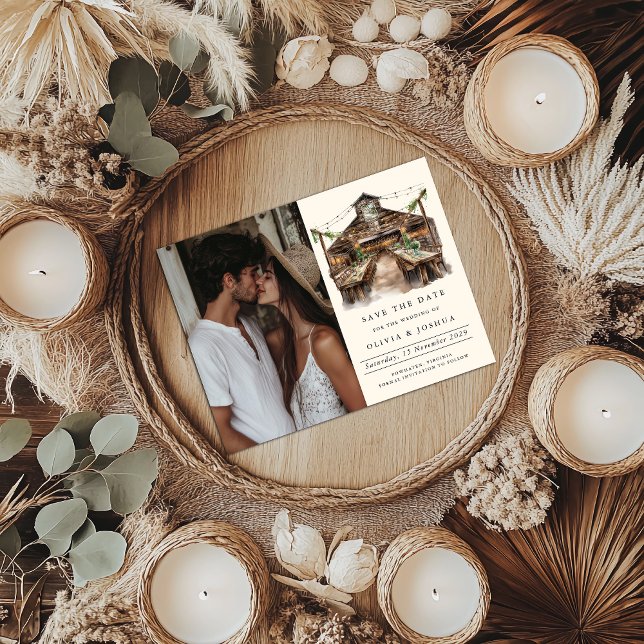 Elegant Rustic Barn Photo Save Date Meddelande Vykort (Elegant Rustic Barn Photo Save the Date Invitation/Announcement )