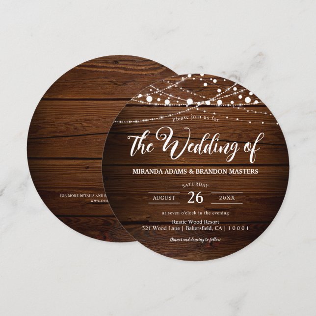 Elegant Rustic Barn Wood String Ljus Bröllop Inbjudningar (Fram/baksida)