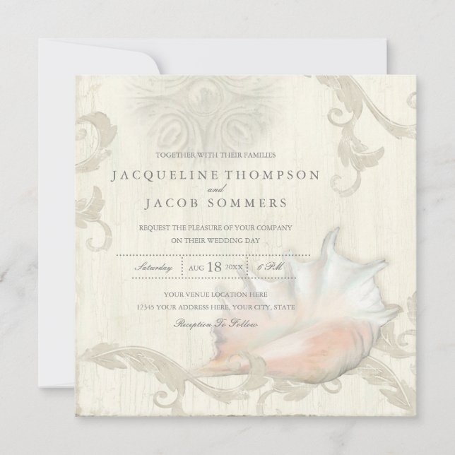 Elegant Rustic Beach Seashell Conch Snäcka Wood Ar Inbjudningar (Framsida)