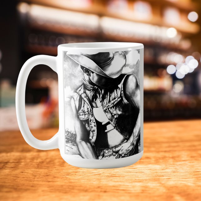 Elegant, Rustic Black & White Sketch Cowboy Kaffemugg (Cowboy bracing from the wind and dust coffee mug.)