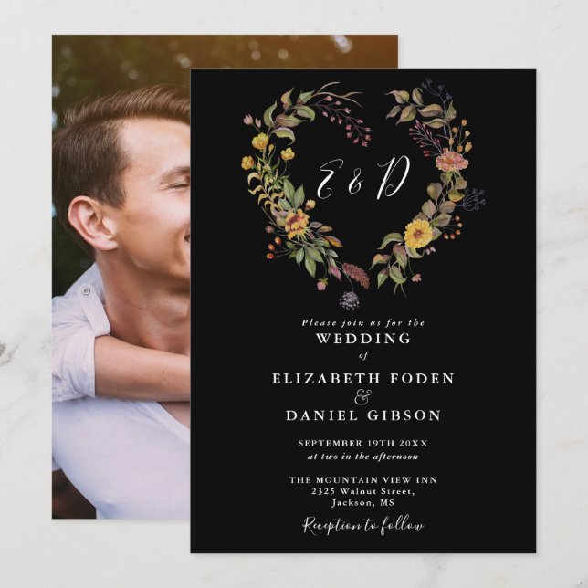 Elegant Rustic Blommigt Heart Photo Bröllop Inbjudningar (Fram/baksida)