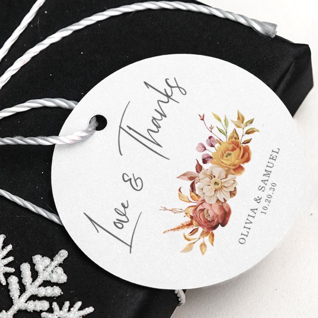 Elegant Rustic Blommigt Lövs Kärlek Tack Bröllop Gåvor Etiketter (Skapare uppladdad)