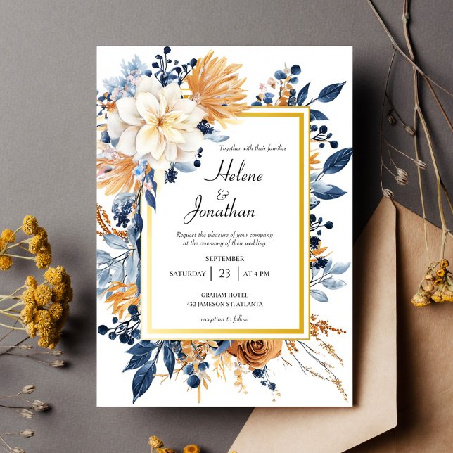 Elegant Rustic Blommigt Navy Blue Terracotta Bröll Inbjudningar (Elegant Rustic Floral Navy Blue Terracotta Wedding Invitation)