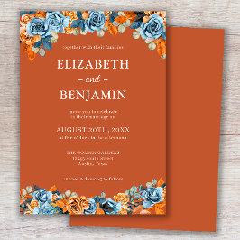 Elegant Rustic Blommigt Navy Rust Terracota Bröllo Inbjudningar