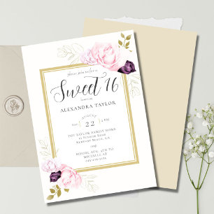 Elegant Rustic Blommigt Ram Ro Guld Sweet 16 Inbjudningar