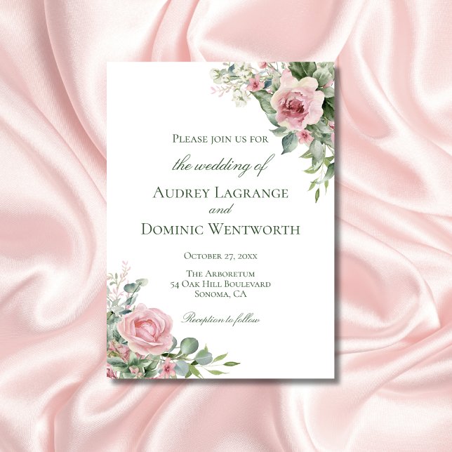 Elegant Rustic Blommigt Rosa ros Botaniska Bröllop Inbjudningar (elegant floral wedding invitation with pink roses greenery for botanical garden themed weddings)