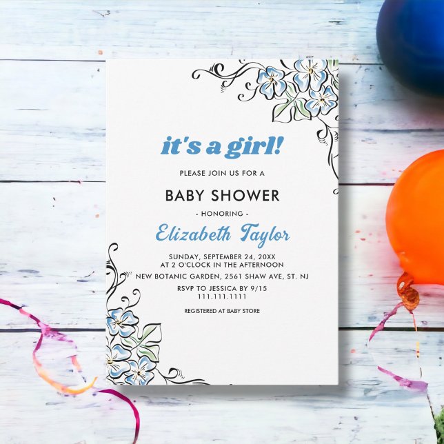 Elegant Rustic Blue Ro Blommigt Girl Baby Shower Inbjudningar (Skapare uppladdad)