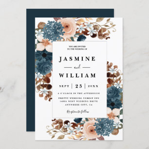 Elegant Rustic Boho Blommigt Navy Blue Bröllop Inbjudningar