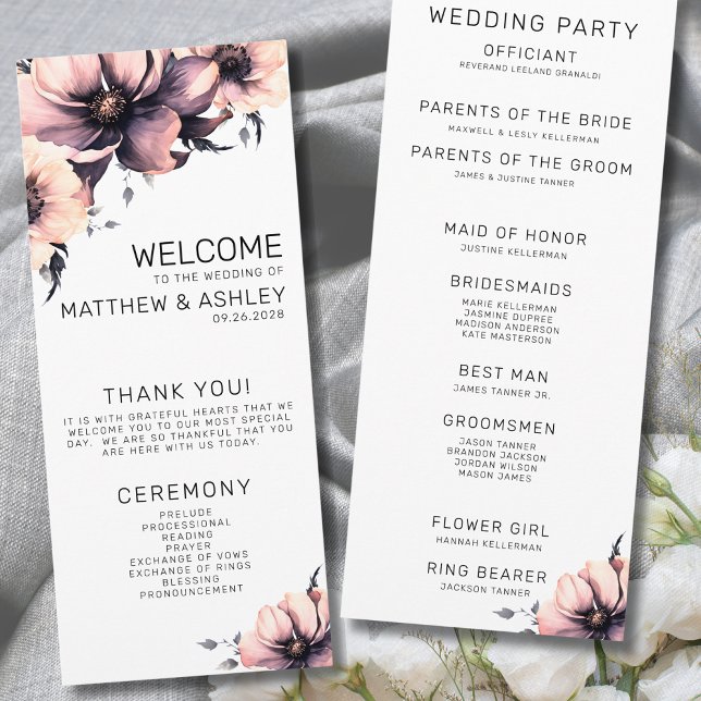 Elegant Rustic Boho  Rosa Blommigt Bröllop Program (Simple Elegant Rustic Boho Floral Pink Wedding Program)