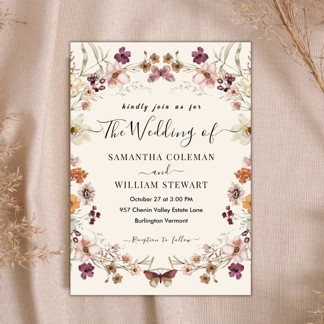 Elegant Rustic Boho WildblomModern Bröllop Inbjudningar (Skapare uppladdad)