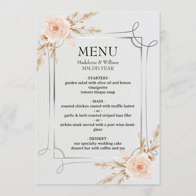 Elegant Rustic Boho Wildblommor Bröllop Meny (Framsida)