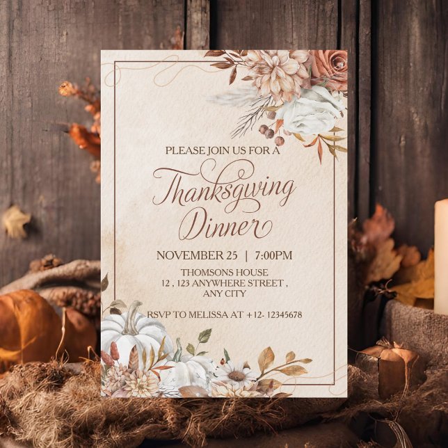 Elegant Rustic Brown Cream Blommigt Thanksgiving Inbjudningar (Skapare uppladdad)