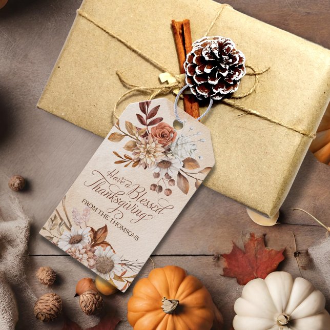 Elegant Rustic Brown Cream Blommigt Thanksgiving Presentetikett (Skapare uppladdad)