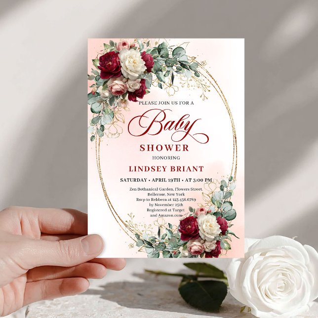 Elegant Rustic Burgundy Floral Gold Baby Shower   Inbjudningar (Elegant Rustic Burgundy Floral Gold Baby Shower Invite)