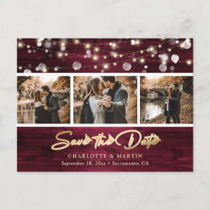 Elegant Rustic Burgundy Gold Foil Bröllop Photo Meddelande Vykort
