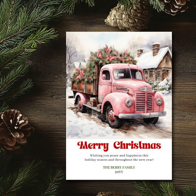 Elegant rustic Christmas scene pink truck greeting Julkort (Elegant rustic Christmas scene pink truck greeting Holiday Card)
