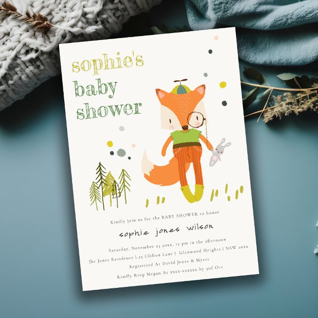 Elegant Rustic Cute Woodland Roligt Fox Baby Showe Inbjudningar (Skapare uppladdad)