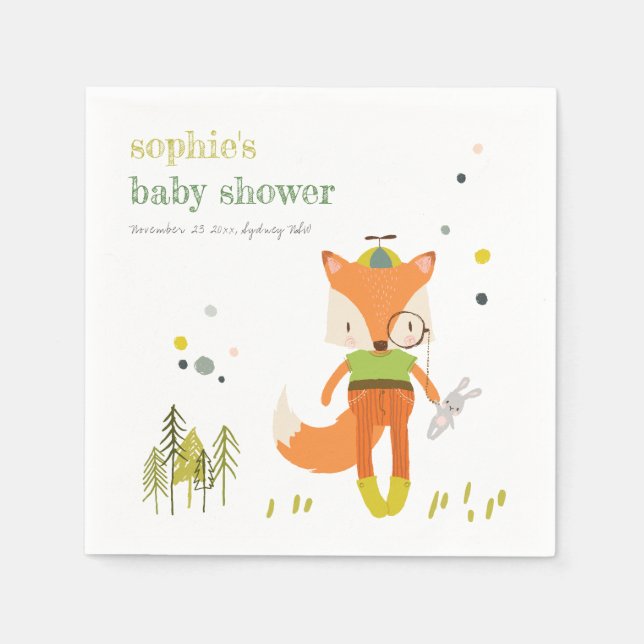 Elegant Rustic Cute Woodland Roligt Fox Baby Showe Pappersservett (Framsidan)