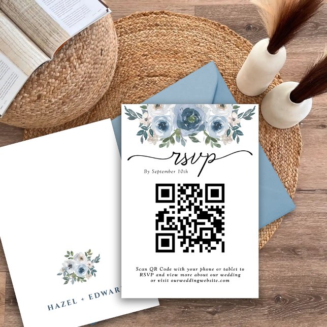 Elegant Rustic Dusty Blue Blommigt Bröllop OSA Car (Elegant Rustic Dusty Blue Floral Wedding RSVP Card)