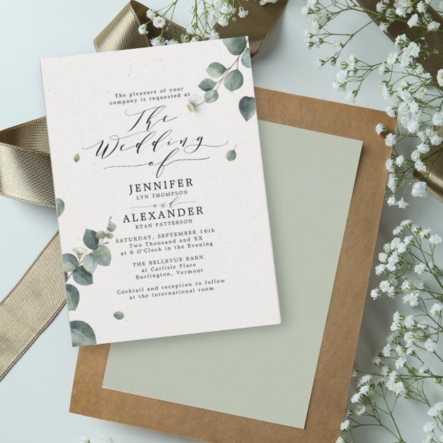 Elegant Rustic Eucalyptus Calligraphy Bröllop Inbjudningar (Skapare uppladdad)