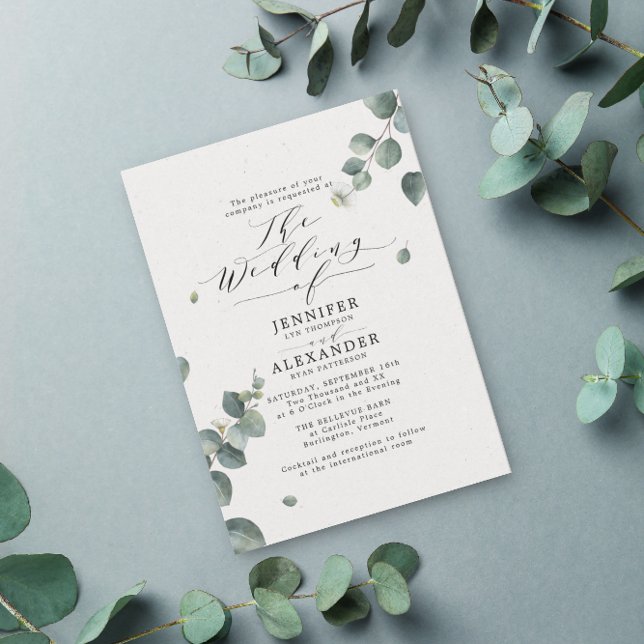 Elegant Rustic Eucalyptus Calligraphy Bröllop Inbjudningar (Skapare uppladdad)