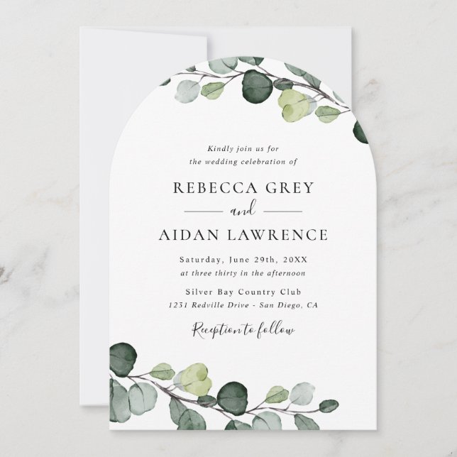Elegant Rustic Eucalyptus Greenery Arch Bröllop Inbjudningar (Framsida)