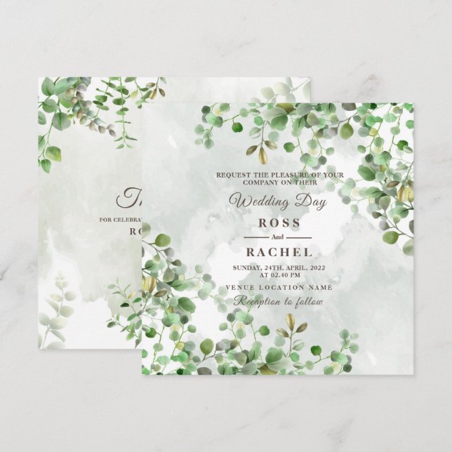 Elegant Rustic Eucalyptus Lövs Greenery Bröllop Inbjudningar (Fram/baksida)