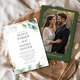 Elegant Rustic Eucalyptus Photo Greenery Bröllop Inbjudningar