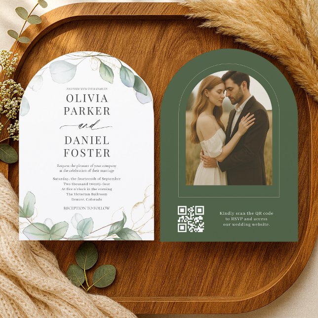 Elegant Rustic Eucalyptus QR Code Photo Wedding Inbjudningar (Skapare uppladdad)