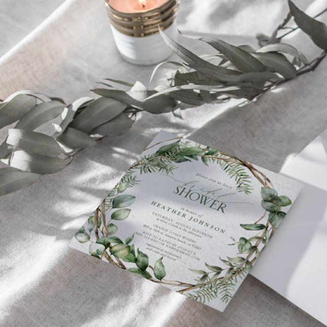 Elegant Rustic Eucalyptus Watercolor Greenery Inbjudningar (Join us in a wonderland of botanical bliss to shower the bride-to-be.)