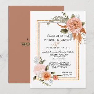 Elegant Rustic Fall Blommigt Copper Guld Bröllop Inbjudningar