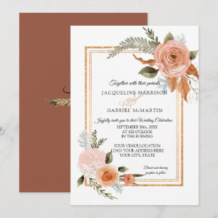 Elegant Rustic Fall Blommigt Terracotta Guld Bröll Inbjudningar