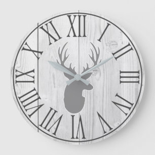 Elegant Rustic Faux White Wood & Grått Hjort Stor Klocka