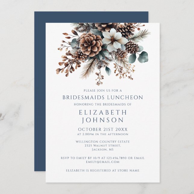 Elegant Rustic Forest Blommigt Bridesmaids Luncheo Inbjudningar (Fram/baksida)