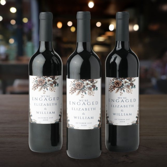 Elegant Rustic Forest Pinecones Förlovningsfest Vinflaska Etikett (Elegant Rustic Forest Pinecones Engagement Party Wine Label)
