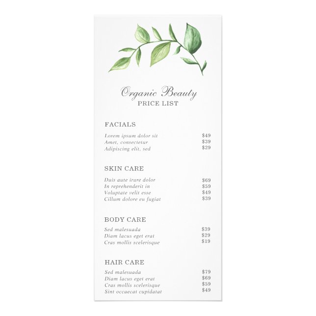 Elegant Rustic Greenery Beauty Salon Pris List Reklamkort (Framsidan)