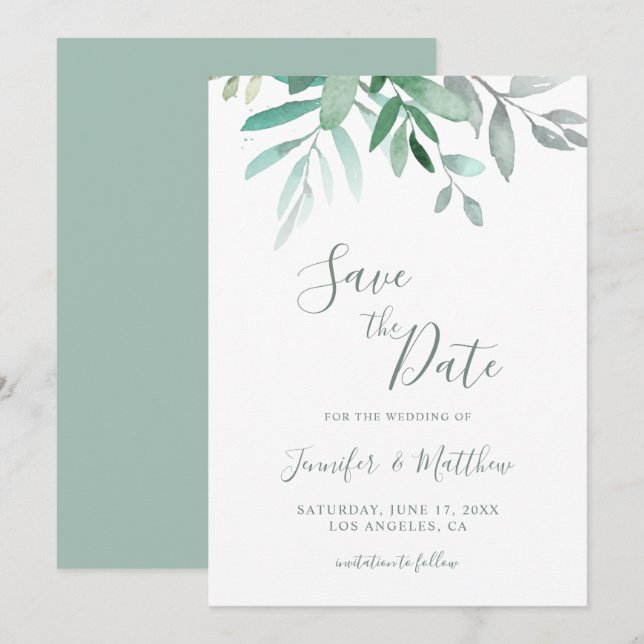 Elegant Rustic Greenery Bröllop spara datum Card Datumet (Fram/baksida)