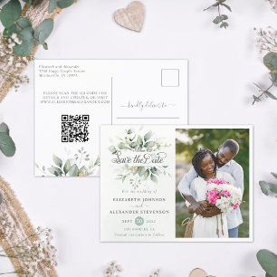 Elegant Rustic greenery eucalyptus bröllop QR kod Meddelande Vykort