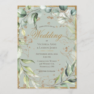 Elegant Rustic Greenery Guld Eucalyptus Bröllop Inbjudningar