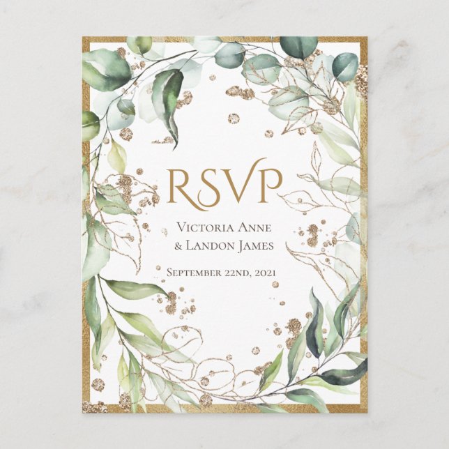 Elegant Rustic Greenery Guld Glitter Bröllop OSA Vykort (Framsida)